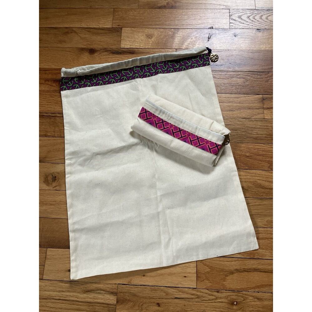 Tory Burch Dust Bags Set of 2 Canvas Shoe Purse 18”x13.5” Gold Logo Charm